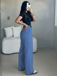 High-Waisted Wide-Leg Trousers With White Stripes, Bohemian Street Style, Suitable For Casual Wear And Going To Work In Spring/Summer (Belt Not Included) - Ginger - View 3