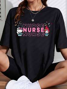 Women's Casual Sports T-Shirt - Black Stretch Crew Neck T-Shirt With Pink Nurse And Character Design. Machine Washable, Comfortable Fit And Perfect For All Seasons, For Daily Wear And Casual Activities. - 黑色 - 查看 6