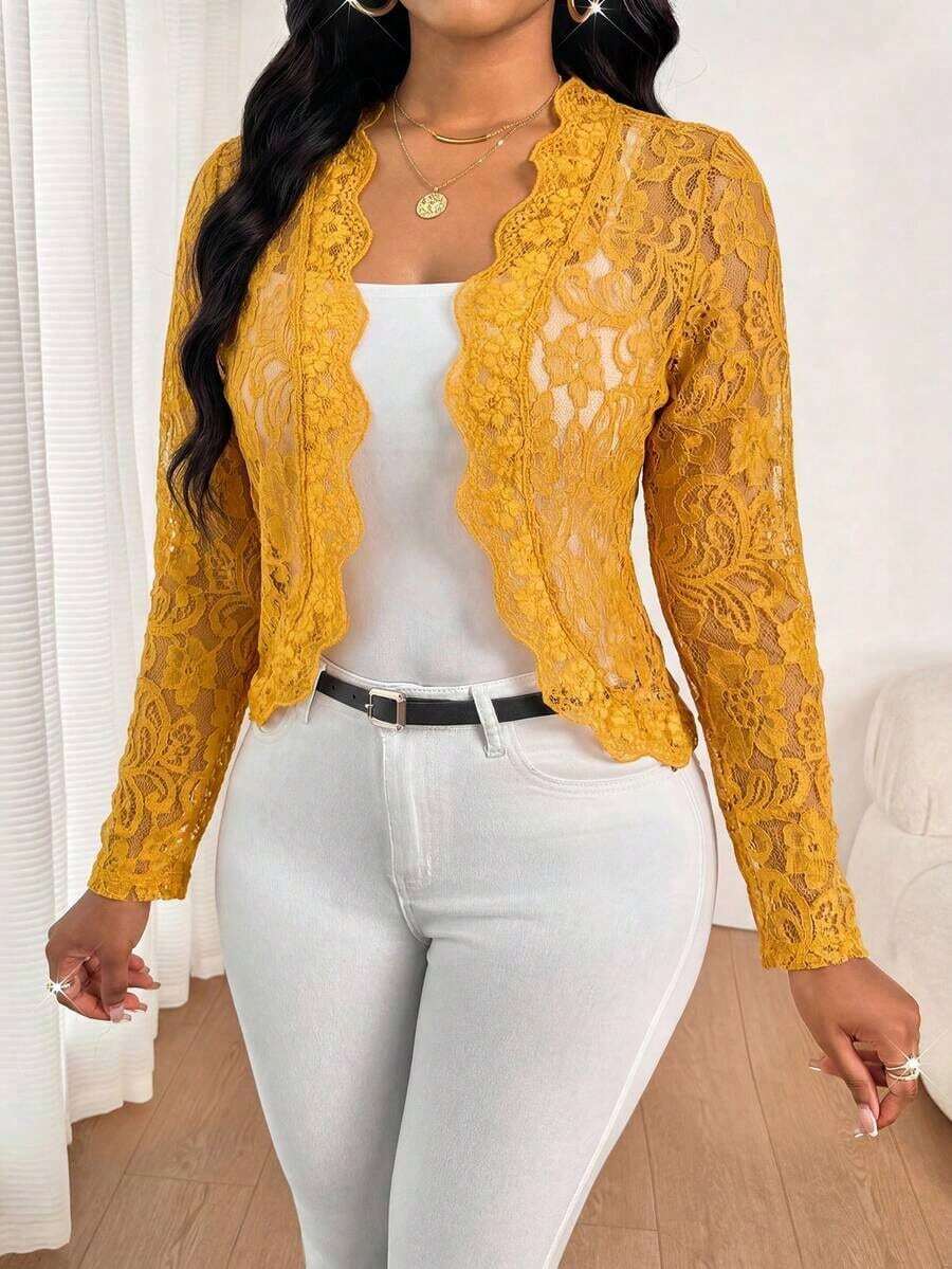 Lady Chaqueta elegante y casual con volantes de encaje para uso diario, para otoño - Amarillo - Ver 1