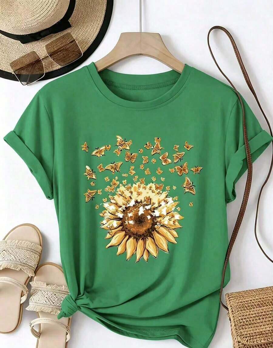 NewSummerCasual Sunflower Print Casual T-Shirt - With Bow Design - Casual Crew Neck, Short Sleeve, Fashionable Spring/Summer T-Shirt - Unisex Loose Fit Cotton Short Sleeve Crew Neck T-Shirt, Vintage Urban Style. Unisex Loose Fit Cotton Short Sleeve Crew Neck T-Shirt, Vintage Urban Style - 綠色的 - 查看 1