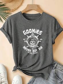 Camiseta de verano premium estampada para mujer, 1 pieza. Camiseta de verano de manga corta para mujer - Diseño estampado de piratas geométricos en 2D, estilo urbano moderno. |   Estética Juvenil |   Cómoda y ajustada, camiseta bonita. - Blanco - Ver 8