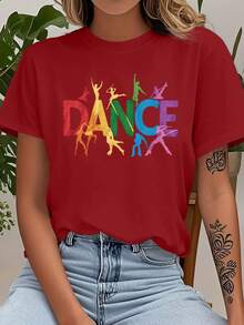 Women's Casual Short Sleeve T-Shirt 2026 - "DANCE" Letter Print, Crew Neck, Machine Washable, Casual Spring/Summer Vacation Wear, Easy-To-Wear Top, Fun Print T-Shirt,  And Fashionable, Durable Printed T-Shirt NBWH - 紅色 - 查看 6