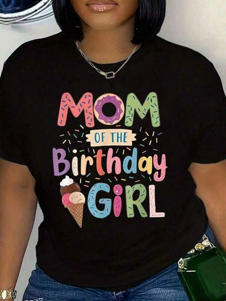 Women's Graphic Print T-Shirt "Birthday Celebrant's Mom", Plus Size, Casual Party Wear, 220g-Unisex, Suitable For Casual Daily Outings, Short Sleeve Summer T-Shirt, Retro Print T-Shirt Y2K. Women's Casual Printed T-Shirt, Short Sleeve And Round Neck, Local Spring/Summer Urban Fashion. - 黑色 - 查看 1