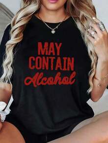 Versatile.1pac.100%Cotton.Womens MAY CONTAIN Print Loose Oversized T-Shirt For Women - Casual Polyester Knit Fabric With Round Neckline, All-Season Comfort, Festive Holiday Top, 1 Piece, 200gsm.Moda Corte - Black - View 1