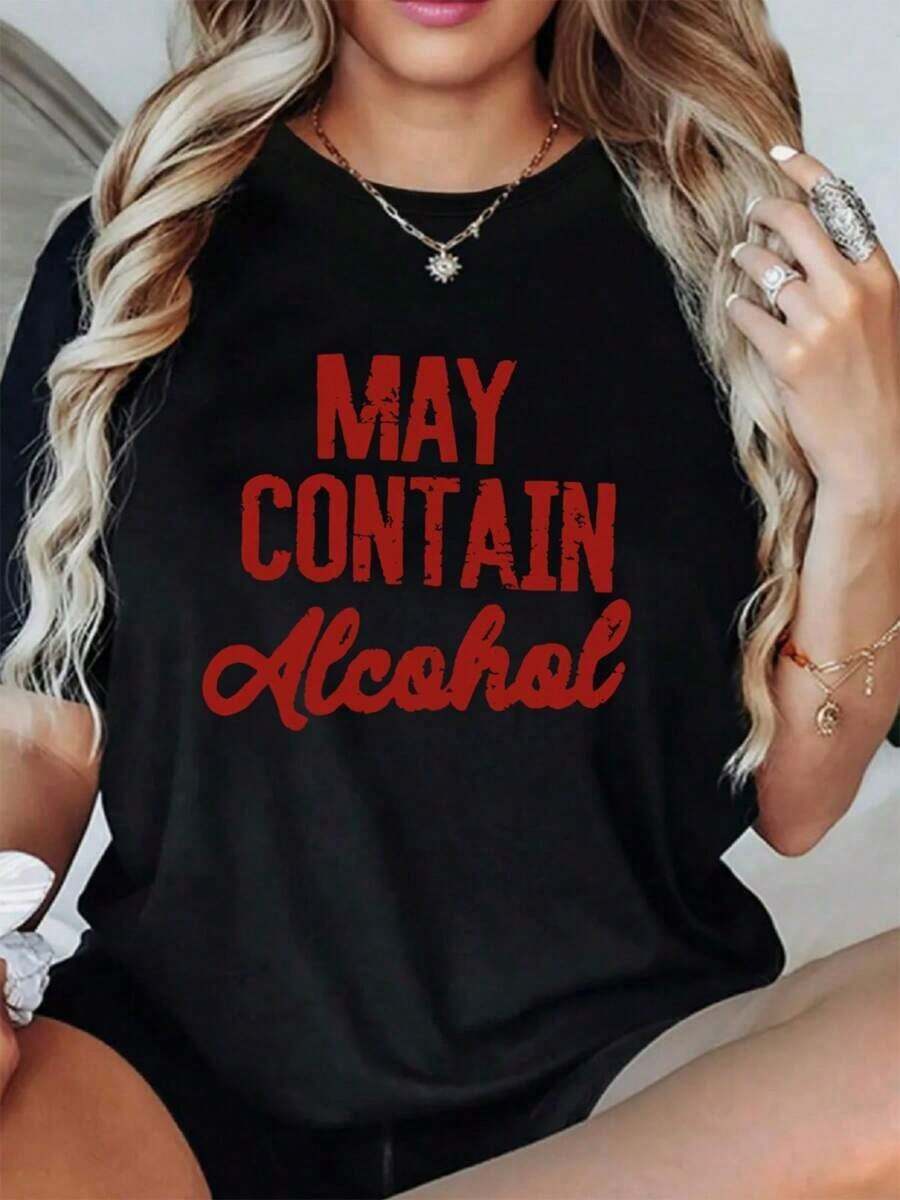 Versatile.1pac.100%Cotton.Womens MAY CONTAIN Print Loose Oversized T-Shirt For Women - Casual Polyester Knit Fabric With Round Neckline, All-Season Comfort, Festive Holiday Top, 1 Piece, 200gsm.Moda Corte - Black - View 1