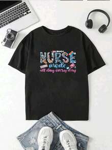 Women's T-Shirt With A Fun Nurse Mode Design Featuring A Medical Print, Perfect For Nurses. Comfort And Style In One Garment. - 黑色 - 查看 1