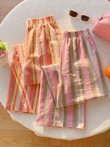 Conjunto de 2 pantalones de mujer 100% algodón blanco con rayas azules, nuevo para verano y primavera 2026.Adecuado para vacaciones, Pascua, Día de San Patricio, salir, fiesta, boda, graduación, elegante, vacaciones, casual, lujo, formal, Día de San Valentín, Carnaval, playa, tiempo libre en casa, calle, universidad - Multicolor - Ver 1