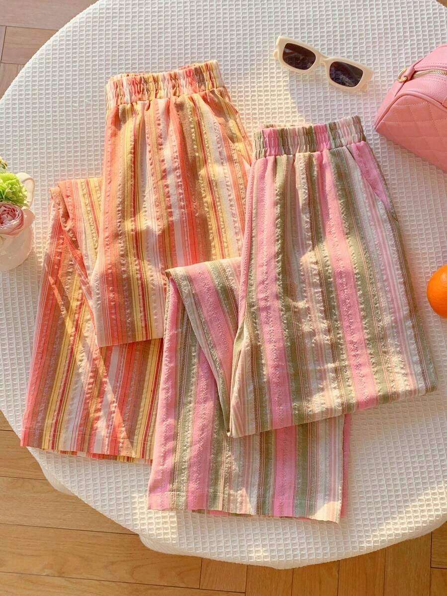 Conjunto de 2 pantalones de mujer 100% algodón blanco con rayas azules, nuevo para verano y primavera 2026.Adecuado para vacaciones, Pascua, Día de San Patricio, salir, fiesta, boda, graduación, elegante, vacaciones, casual, lujo, formal, Día de San Valentín, Carnaval, playa, tiempo libre en casa, calle, universidad - Multicolor - Ver 1