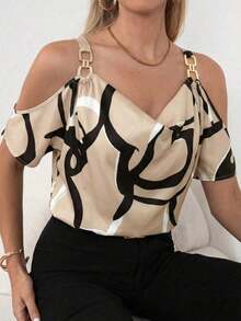 Clasi Blusa con estampado total, detalle de cadena en los hombros descubiertos, parte superior con hombros descubiertos - Caqui - Ver 7