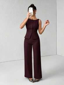 PETITE Conjunto de chaleco y pantalones de un solo pecho de unicolor con cuello redondo, elegante traje de oficina para mujer, ropa de mujer de verano y otoño, conjunto de oficina, ropa casual de negocios, conjunto de dos piezas, ropa de oficina de otoño para mujer, conjunto de blazers para mujer - Granada - Ver 9
