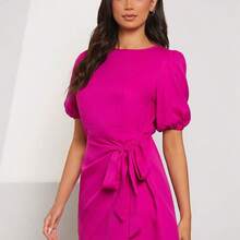 Vestido cruzado de manga farol con nudo delantero - Negro - Ver 6