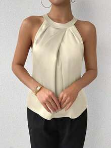 Blusa de crepé champán con cuello fruncido, sin mangas, elegante y sencilla para la oficina, para uso diario y de oficina - Beis - Ver 3