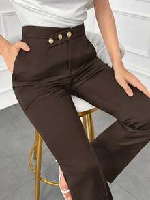 Pantalones elegantes de mujer con pierna recta, cintura suelta y detalles de botones para otoño/invierno - Café integral 2 - Ver 7