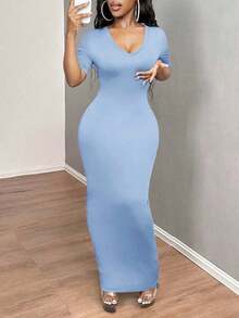 Vestido ajustado corto de manga corta con cuello en V liso para baile de graduación - Celeste - Ver 1