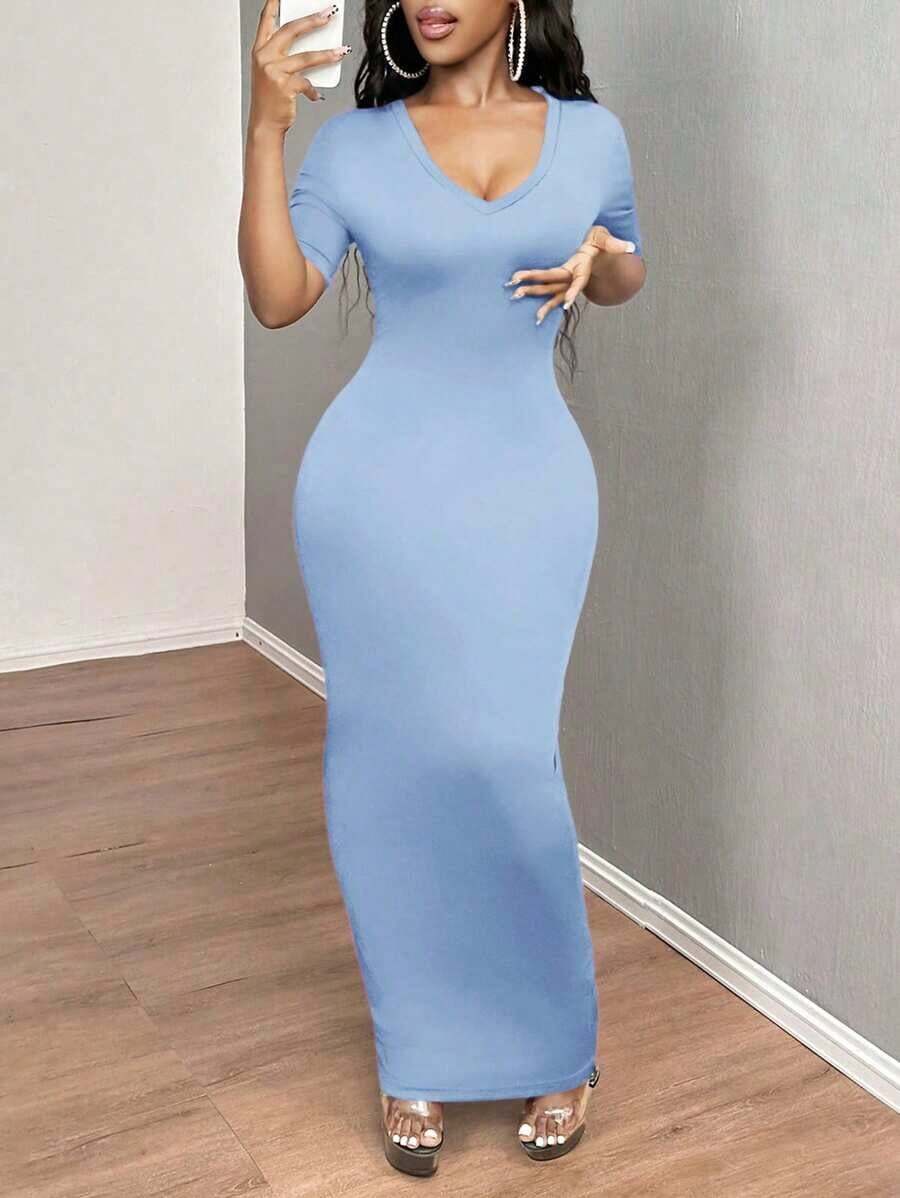 Vestido ajustado corto de manga corta con cuello en V liso para baile de graduación - Celeste - Ver 1