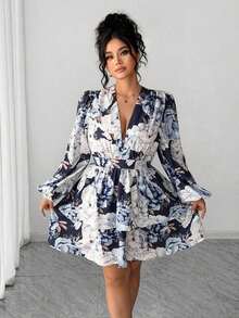 Vestido de mujer talla con cuello en V floral, mangas con pétalos y dobladillo con doble volante - Multicolor - Ver 3