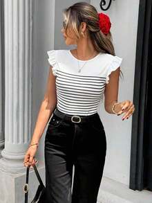 Top sin mangas de estilo francés de calle con espalda abierta y rayas para mujeres, apto para primavera/verano - Blanco - Ver 5