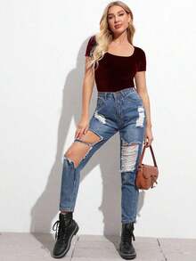 Camiseta de manga corta de ajuste slim de color liso informal - Burdeos - Ver 4