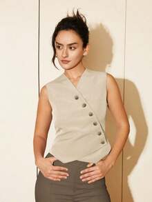 Chaleco corto de mujer de estilo casual de primavera/verano con botones diagonales, estilo de dinero viejo para negocios y ocio - Albaricoque - Ver 5