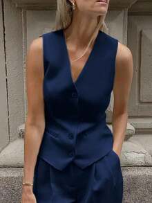 Chaqueta de chaleco con cuello en V de un solo pecho de unicolor para mujer, primavera y verano - Azul - Ver 1