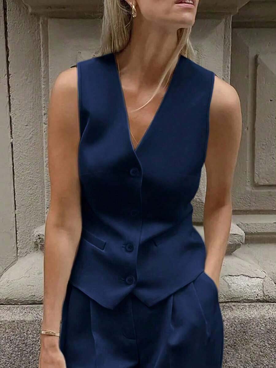 Chaqueta de chaleco con cuello en V de un solo pecho de unicolor para mujer, primavera y verano - Azul - Ver 1