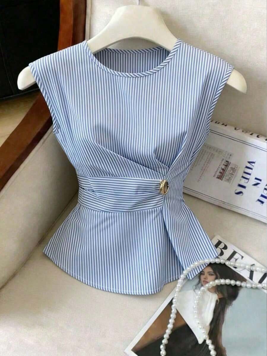 Blusa elegante de mujer con cintura a rayas, ajustada, con decoración de hebilla metálica y cremallera oculta en la espalda, adecuada para uso casual y de oficina - Azul - Ver 1