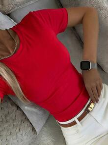 Camiseta de manga corta minimalista de unicolor para mujer, uso casual de todos los días en verano - Rosa Fucsia - Ver 2