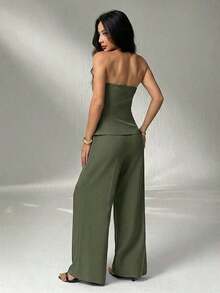1 Conjunto de Top Camisola Ajustada de unicolor y Pantalones Elegantes para Otoño/Invierno - Verde militar - Ver 2
