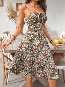 Vestido ajustado de mujer con tirantes finos y estampado floral, vestido vintage con espalda descubierta y bajo con abertura para fiesta/cita - Multicolor 2 - Ver 5