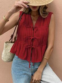 Frenchy Camisa informal de mujer sin mangas con botones de unicolor para vacaciones - Rojo - Ver 5