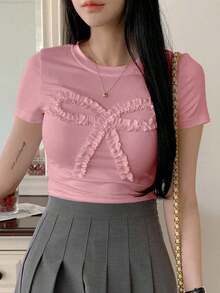 Camiseta casual de mujer de manga corta y unicolor con decoración de lazo, cuello redondo, crop tops, tops estilo universitario para mujer - Rosa Pálido - Ver 3