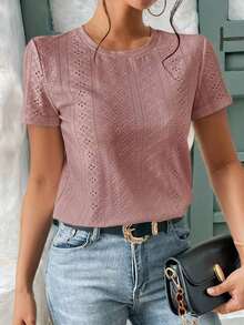 Camiseta blanca de cuello redondo con bordado de ojales, minimalista para ir a la oficina, estilo antiguo y sencillo - Rosa vieja - Ver 6