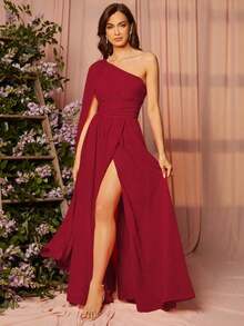 1 pieza Vestido de dama de honor con un solo hombro drapeado, elegante vestido de manga larga - Rojo - Ver 3