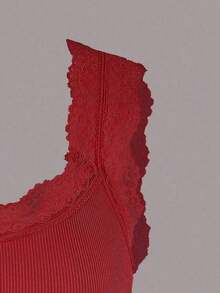 Top de tirantes de cuello redondo de unicolor con encaje de contraste para mujer en verano - Multicolor 3 - Ver 4