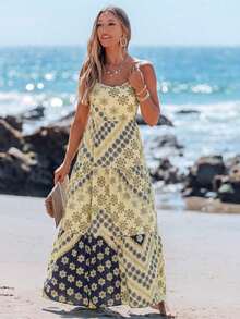 Vestido casual sin mangas con lazo para primavera y verano, atuendos de verano para mujer, vestidos de verano para mujer, atuendos de vacaciones, vestido de playa de verano para mujer, vestido de vacaciones estilo boho y fairycore, vestido sin esp - Multicolor - Ver 4