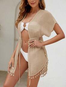 Kimono ribete con fleco de cintura con cordón de manga murciélago - Caqui - Ver 5