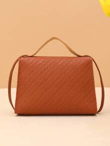 Solid Color Grass Texture Pearl Pendant Crossbody Handbag - Brown - View 3