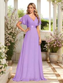 Vestido de dama de honor con cuello en V elegante, mangas con volantes y mariposa, color verde salvia, vestido de invitada de boda, vestido de primavera semi-formal para boda, fiesta de cumpleaños, graduación, Día de San Valentín - Lila Púrpura - Ver 8
