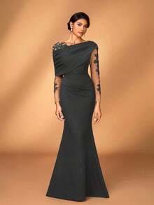 Elegante y romántico vestido de lujo de punto elástico verde oliva con contraste de malla, volante asimétrico en el hombro, ajustado y con bajo de cola de pez, adecuado para fiesta de noche, cita, baile de graduación, boda, luna de miel - Gris - Ver 8