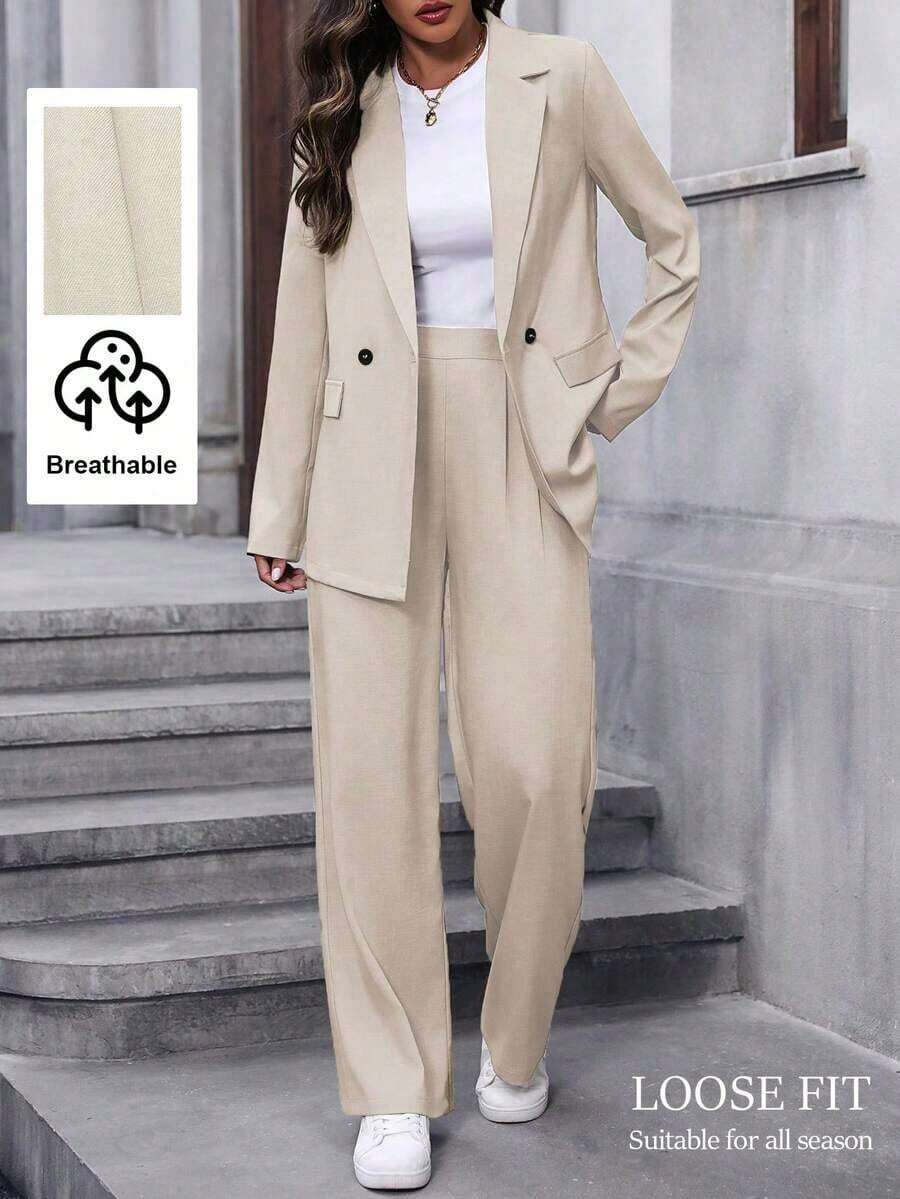 Conjunto de traje informal de mujer con solapa, manga larga y holgado - Albaricoque - Ver 1