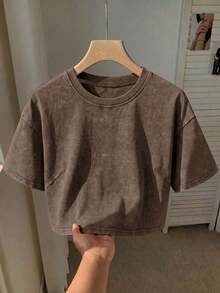 Camiseta básica de manga corta de 100% algodón lavado, verde oliva - Marrón - Ver 12