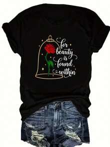 Fashionable Short-Sleeved T-Shirt With Letter And Flower Print, Round Neck, Plus Size - Black - View 1