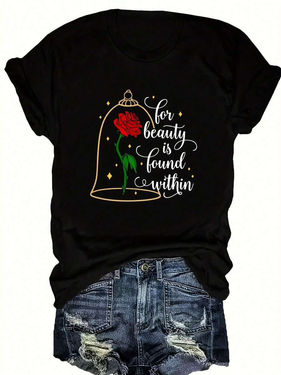 Fashionable Short-Sleeved T-Shirt With Letter And Flower Print, Round Neck, Plus Size - Black - View 1