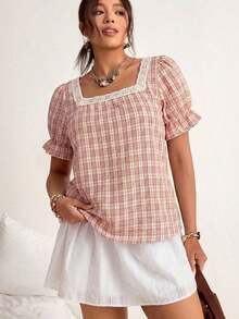 Blusa de manga corta con cuello cuadrado y parches de encaje de talla grande, blusa de manga abullonada - Rojo - Ver 6