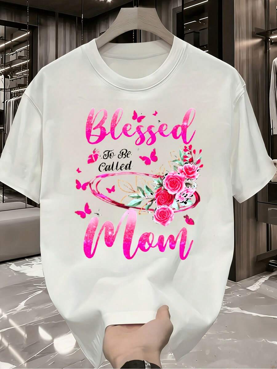 "Blessed To Be A Mom" T-Shirt - Soft T-Shirt For Women And Men, Floral Butterfly Print With The Phrase "Blessed To Be Your Mom", Casual Short-Sleeved Crew Neck Gift For Mother's Day - 白色 - 查看 1