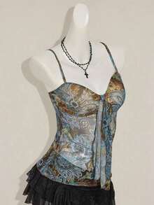 ICON Camiseta de tirantes plisada con estampado de paisley vintage Y2K para mujer - Multicolor - Ver 8