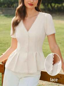 Blusa ajustada con patchwork de encaje floral elegante y vintage, camisa de manga corta color albaricoque para mujer, primavera/verano - Blanco - Ver 3