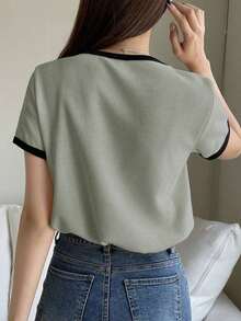 Camiseta básica de mujer de manga corta y cuello redondo, color liso, top de verano - Verde - Ver 5