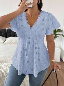 CosyJoli Camiseta de mujer de talla grande con cuello en V, parche de encaje y textura a rayas en forma de A - Azul - Ver 4