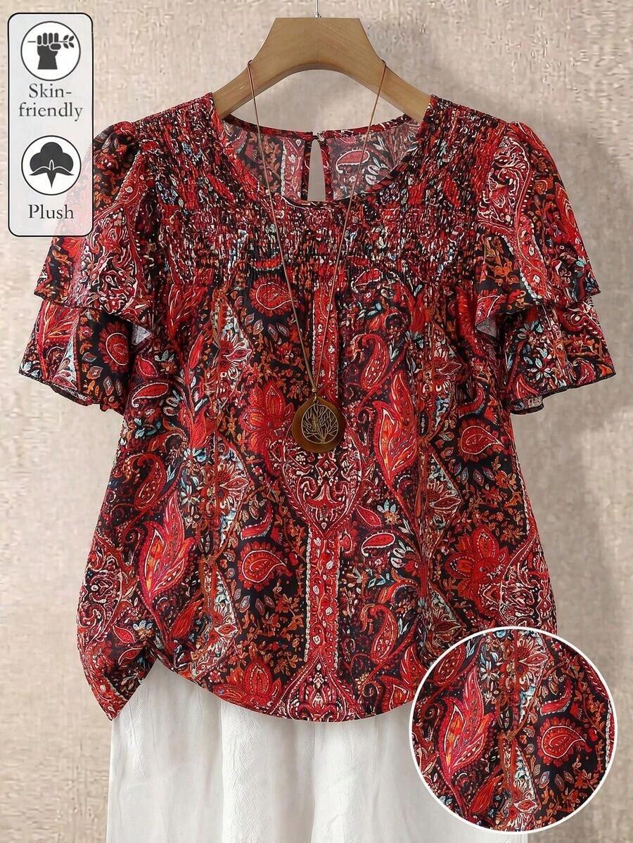Blusa casual de mujer talla grande de unicolor con cuello redondo, mangas de doble capa, corta, plisada, versátil y de moda para el verano y vacaciones - Rojo - Ver 1